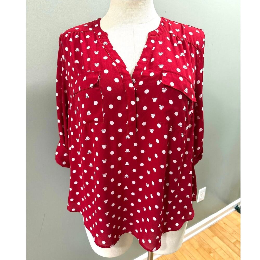 Torrid 2 (2X) Disney Minnie Mouse Polka Dot Georgette Harper Red Blouse Shirt